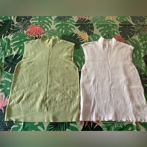 Worthington Green White Ribbed Mock Neck Sleeveless 2 Knit Tops M